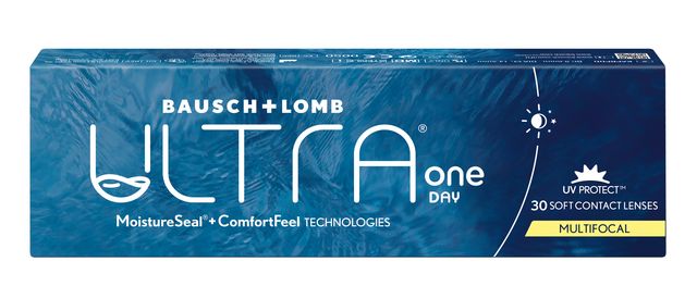 Verpackung der Bausch + Lomb ULTRA One Day Multifocal Kontaktlinsen in Blau mit weißer Schrift