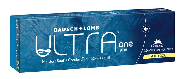 Verpackung der Bausch + Lomb ULTRA One Day Multifocal Kontaktlinsen in Blau mit weißer Schrift