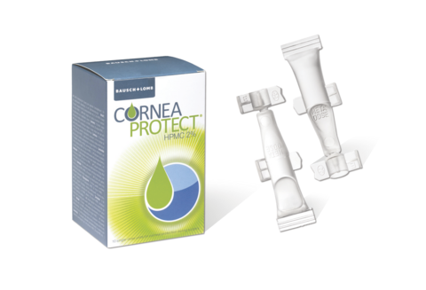 Bild der Verpackung und Ophtiolen des dispersiven Viskoelastikums Cornea Protect von Bausch + Lomb