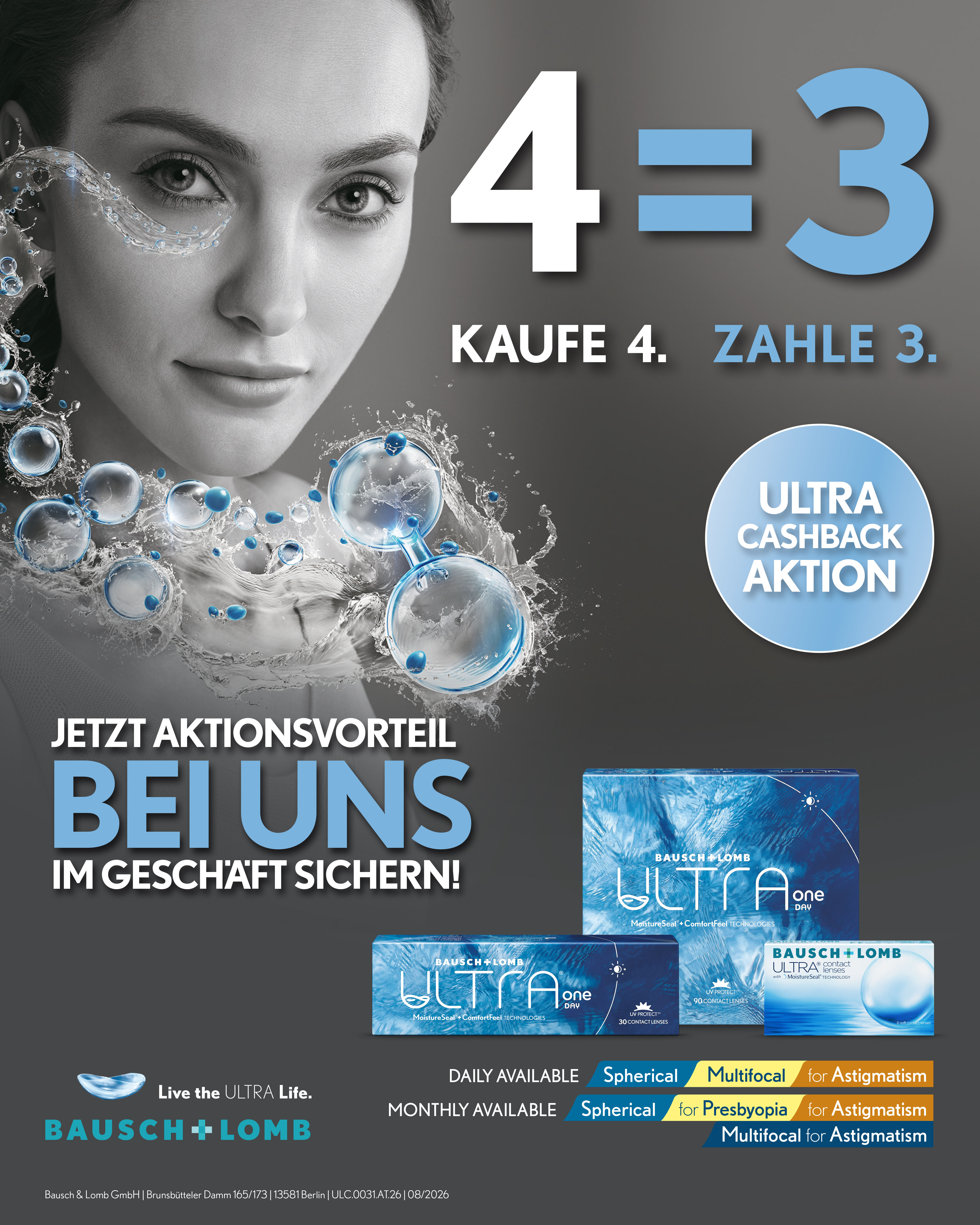Social-Media-Motiv 1: 4 = 3 – Kaufe 4, zahle 3. ULTRA Cashback Aktion von Bausch + Lomb.